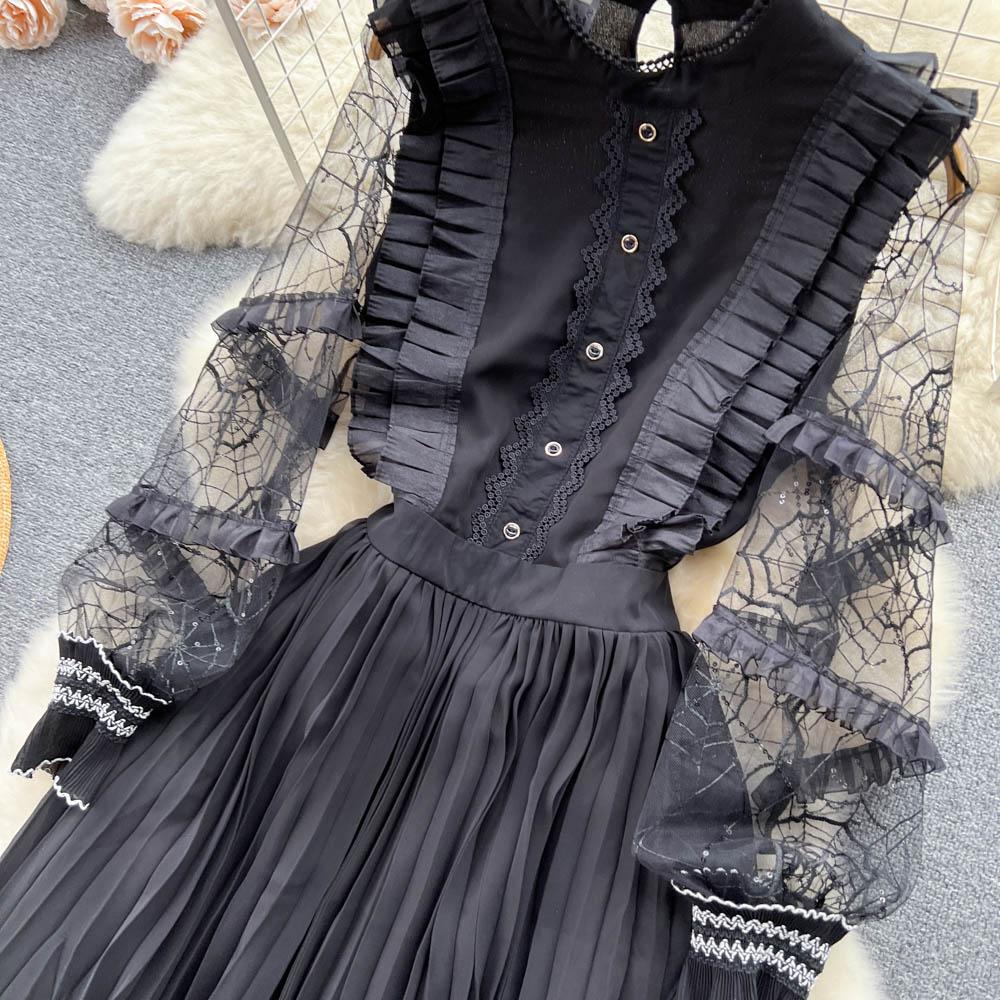 Весна-лето, вышивка, расшитая блестками, сетка, лоскутное черное вечернее платье, женские черные длинные миди, плиссированные платья