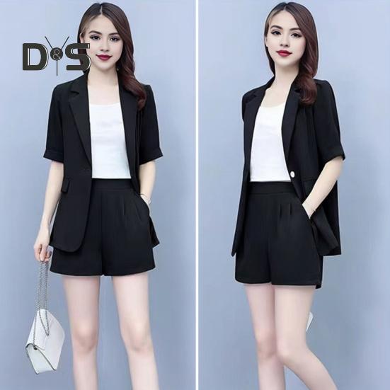 2 Piece Women Casual Outfit Lapel Short Sleeve Blazer Shorts Solid Color OL Style Single Button Blazer Shorts Set Elegant Office Suit