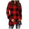 Women's Fashion Plaid Printed Hem Slit Long Sleeve Mid-Long T-shirt