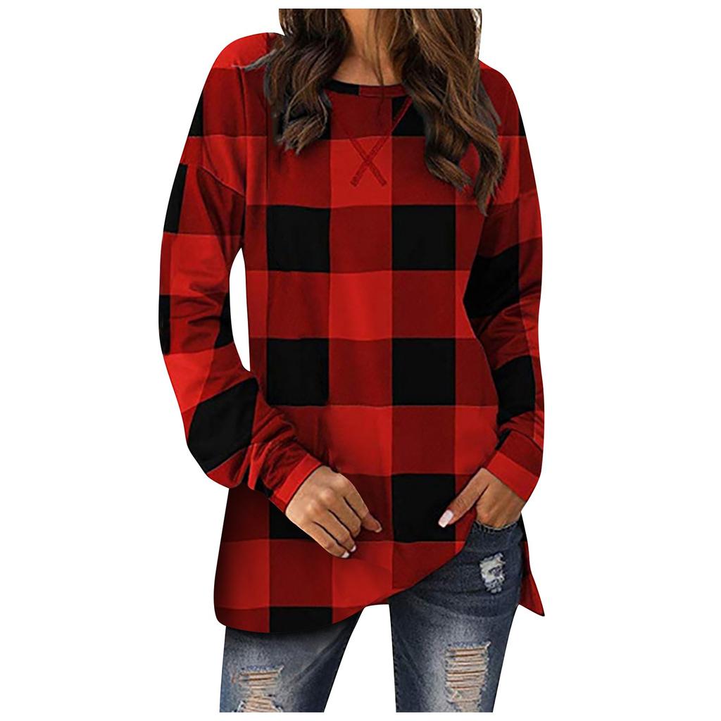Women's Fashion Plaid Printed Hem Slit Long Sleeve Mid-Long T-shirt