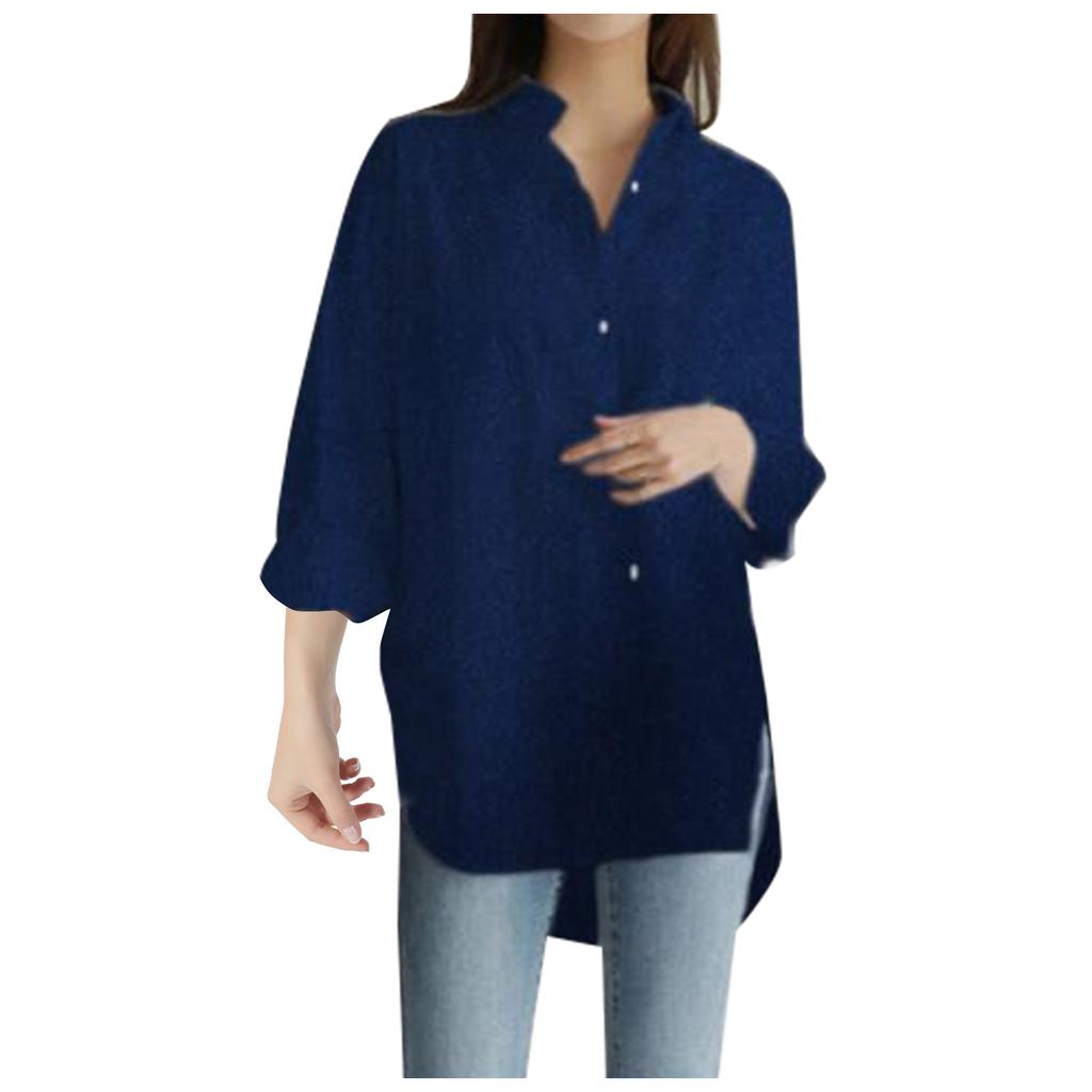 Women's  Casual Fashion Solid Color Single-breasted Lapel  Stitching Long-sleeved Loose Shirt