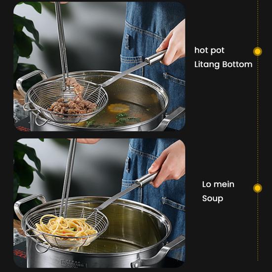 Stainless Steel Slotted Spoon Large Mesh Strainer Ladle for Frying Steaming Hot Pot Kitchen Cooking Tool with Double Hooks