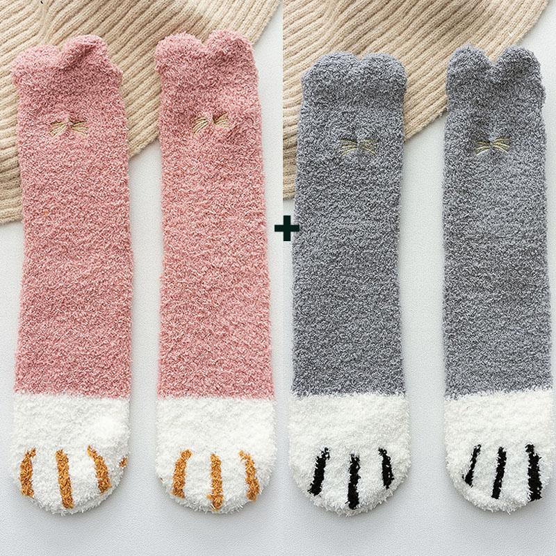 2 пары/лот флисовые тапочки коралловые осенне-зимние носки милые женские носки с принтом кошачьих лапок и животных