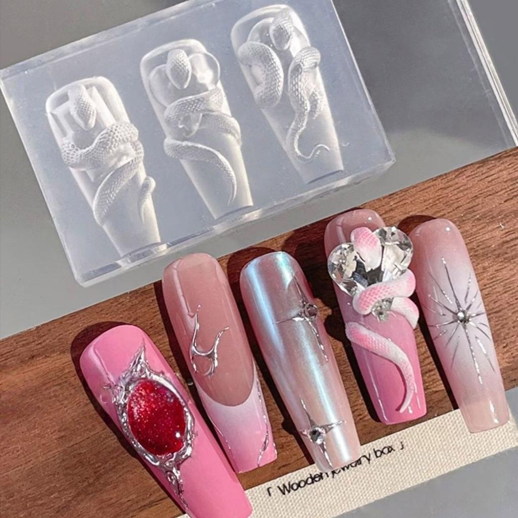 Набор из 3 многоразовых 3D силиконовых форм для нейл-арта со сложным дизайном змеи, инструменты для нейл-арта для DIY маникюрных аксессуаров