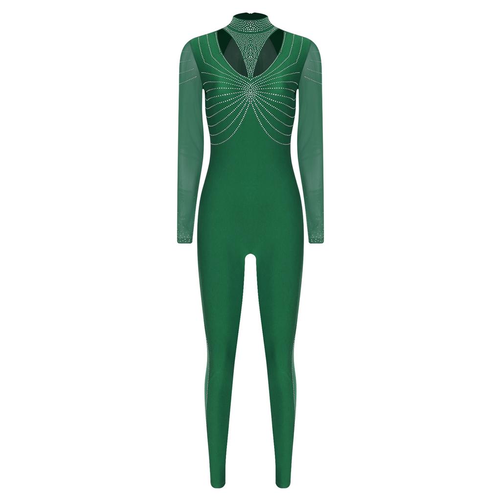 Женский гимнастический комбинезон с блестящими стразами, пэчворк, с воротником-стойкой, длинными рукавами, застежкой-молнией на спине.