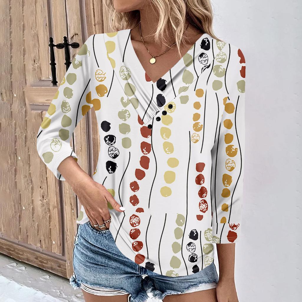 Womens 3/4 Sleeve Daily Weekend V Neck Casual Printed Tshirts Loose Fit Pleated Tees Ladies Blouse