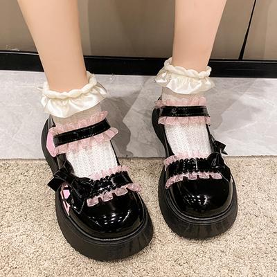Туфли Мэри Джейн на розовой кружевной платформе для женщин, лакированная кожа, бант на щиколотке, туфли в стиле Лолиты для женщин, осень 2024 года, туфли на плоской подошве с круглым носком