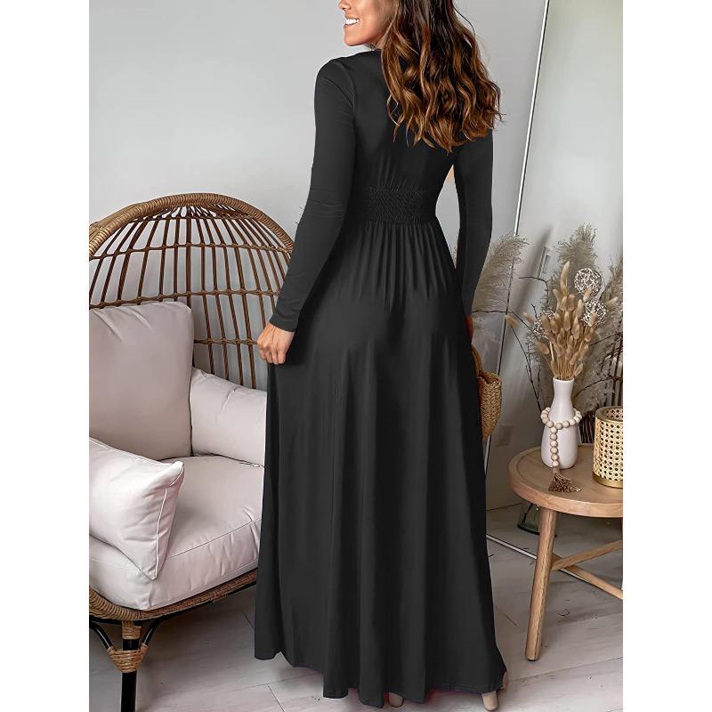Spring and Autumn Women's Dress Deep V-Neck Long Sleeve Dress Pleated High Waist Split Party Evening Dress Solid Colour Dresses
