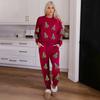2 Pcs/Set Women Fall Winter Set Christmas Tree Snowman Santa Print Sequin O Neck Long Sleeve Top Elastic Waist Pants Set New Year Holiday Party