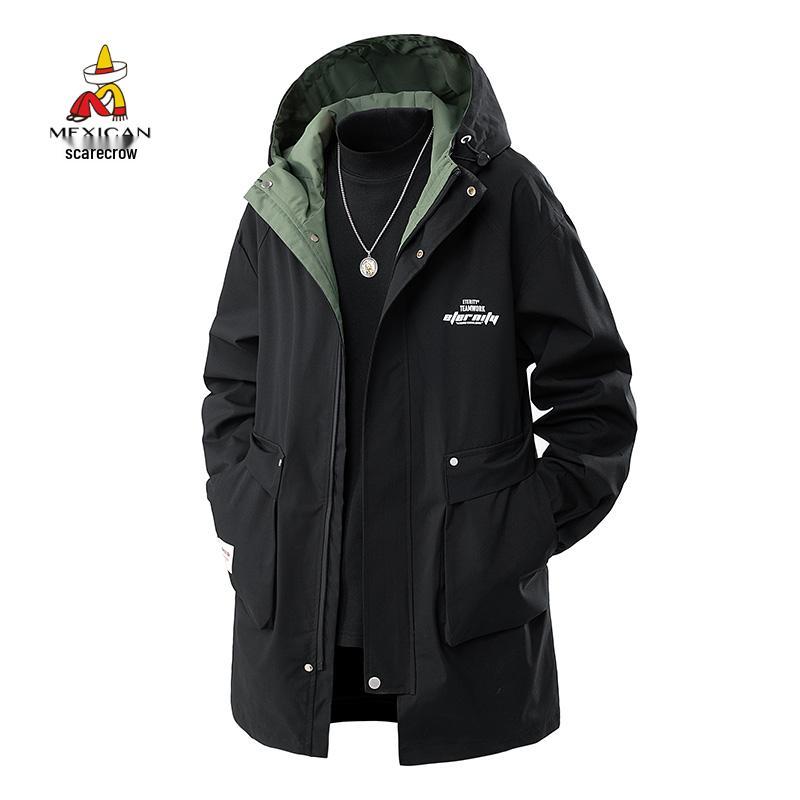 Мужской плащ-тренч со капюшоном средней длины "Пугало" - Модный, свободный, больших размеров для весны и осени