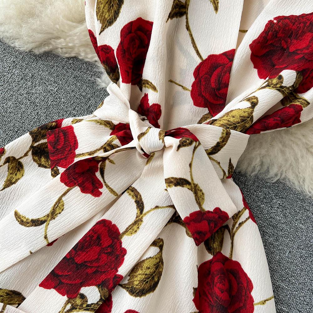 RUGOD Платье с принтом в стиле ретро, ​​лето 2022, новое тонкое платье средней длины с v-образным вырезом и завязкой на талии, летнее платье с v-образным вырезом и поясом