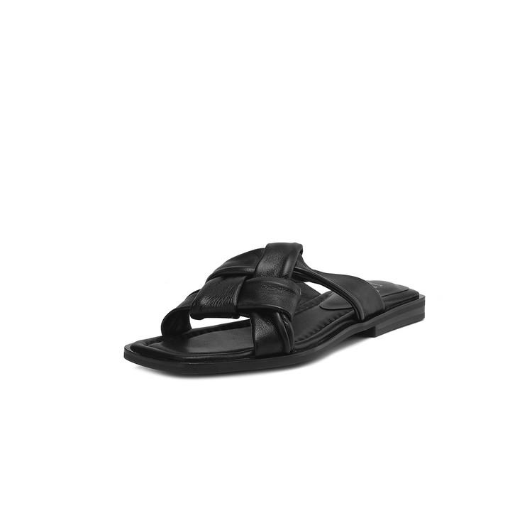 Fashion New Summer Slippers Genuine Leather Sandals Square Toe Shoes for Women Fashion Concise Low Heels Slippers Handmade Apricot