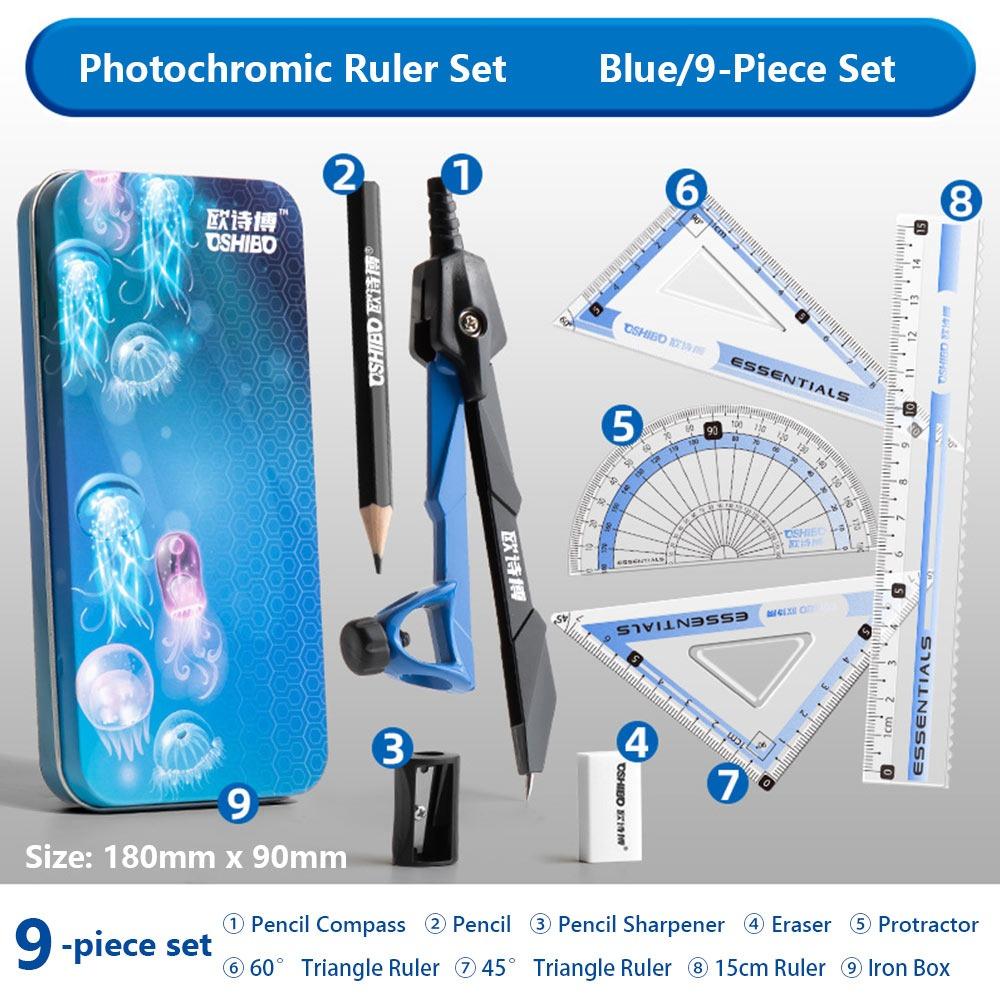 9PCS/Set Propelling Pencil Stationery Ruler Set Plastic Measuring Ruler Protractor Students