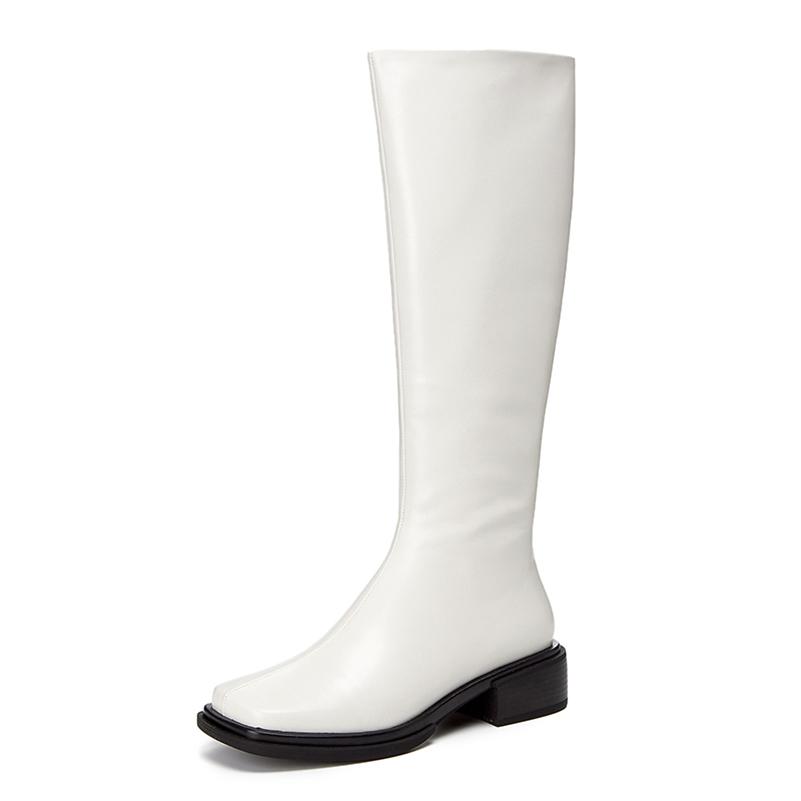 Meotina Женские сапоги до колена из натуральной кожи, высокие сапоги на плоской подошве с квадратным носком и молнией, женская модная обувь, осень-зима, серого, бежевого цвета