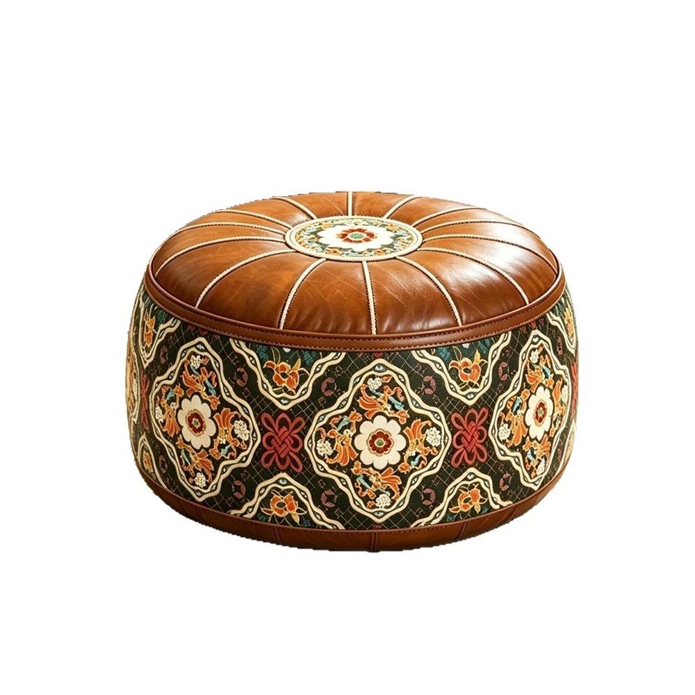 Fillable Round Ottoman Stool Vintage Style Storage Ottoman Pouf Footstool Cover Entryway Seating