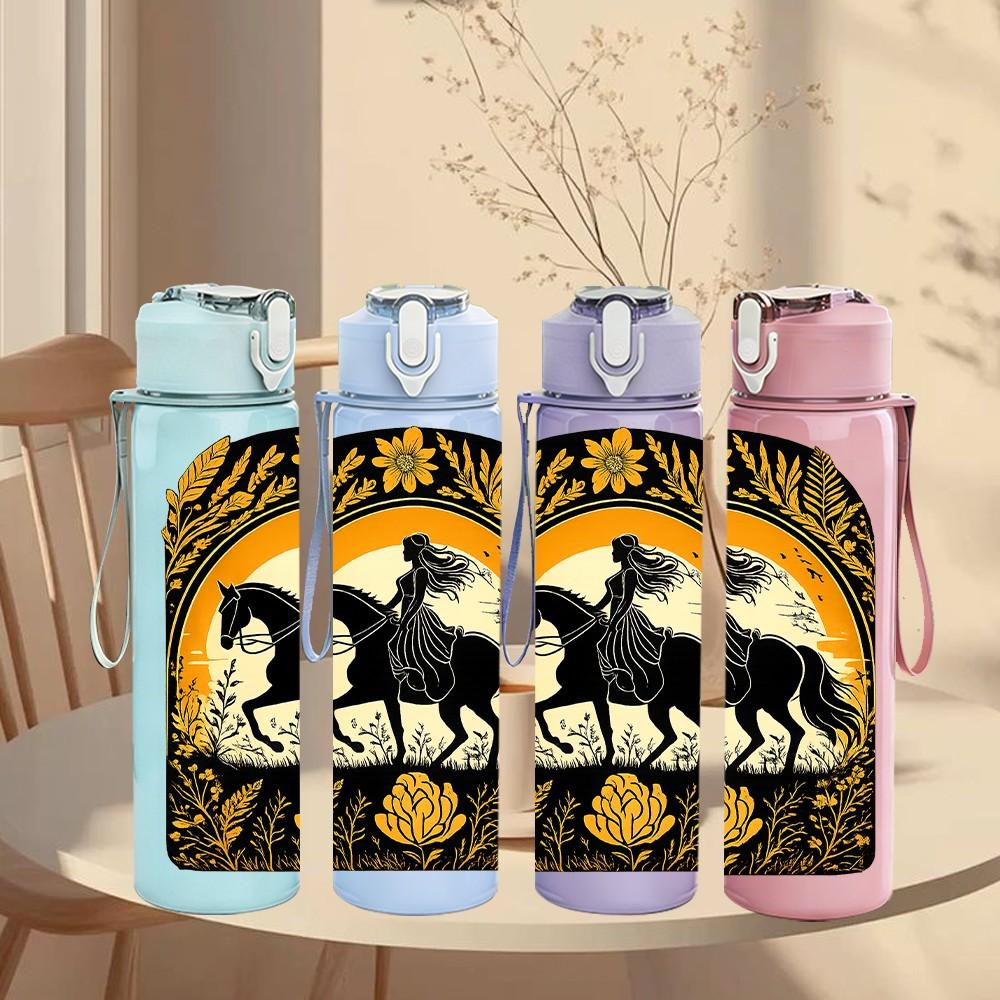 1PC Cowboy Horse Vintage Badge Print 750ml Color Plastic Sports Water Bottle Leakproof Flip Straw Lid Suitable for Sports Office Home Use