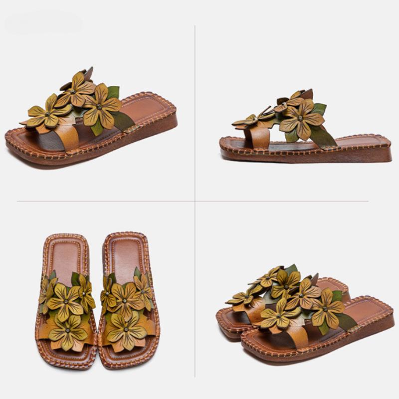 Johnature Дышащие тапочки из натуральной кожи на мягкой подошве на плоской подошве, шлепанцы с цветами в этническом стиле, универсальная женская обувь
