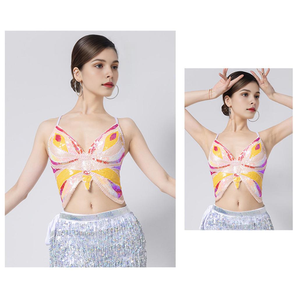 Женский костюм для танца живота, укороченный топ с открытой спиной, без рукавов, с пайетками, костюм для латинских танцев, бандажный жилет с регулируемыми резинками, праздничный топ
