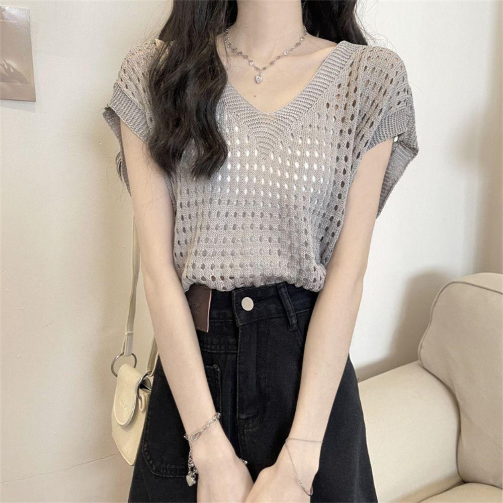 V-neck Hollow Out Knit T-shirt Oversized Beach Crochet Sweater Vest Leisure Streetwear