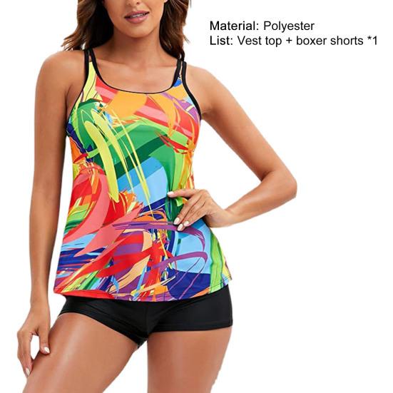 Beachwear U-neck Sleeveless Women Swimsuit Two Pieces Colorful Vest Swimwear Style Top Tummy Control Boyshorts Set for Vacation Bikini