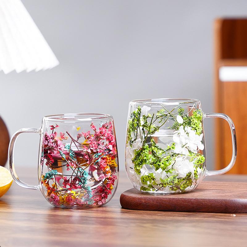 Flower-Infused Glass Mug - Decorative Dried Flower Clear Coffee/Tea Cup (Multi-Color Options)