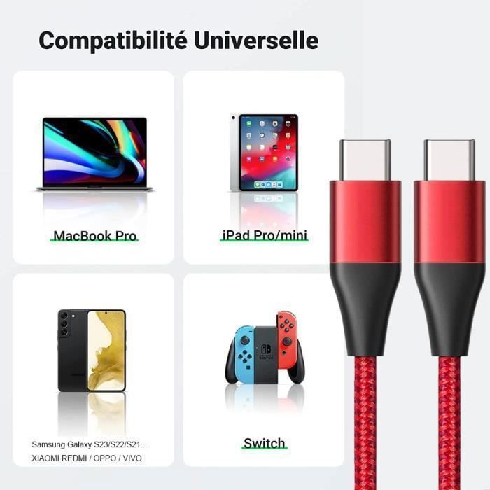 Chargeur Rapide USB-C 25W - e.F.Connection- Câble Nylon 1M - Compatible iPhone 17/16/15- Rouge/Noir