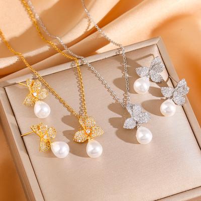 [Set] Fashionable and Elegant Light Luxury Full Zirconium Pearl Flower Copper Micro-embossed Earrings and Necklace for Women