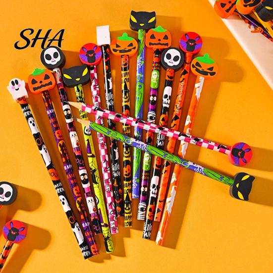 Creative Graffiti Pencils 12 Pcs Halloween with 3D Skull Ghost Pumpkin Cat Erasers, Erasers Wood Bulk for Goodie Bags, School Classroom Rewards