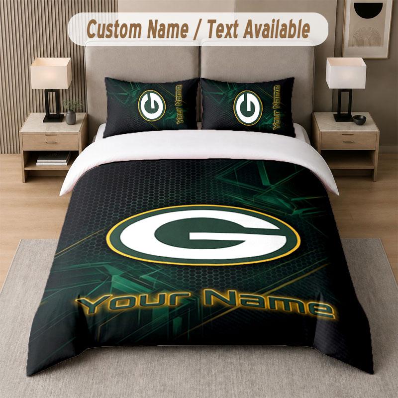 Custom Bedding Set Green Bay Packers Pattern, Print Name Text 1 Duvet Cover plus 2 Pillowcases Home Textile