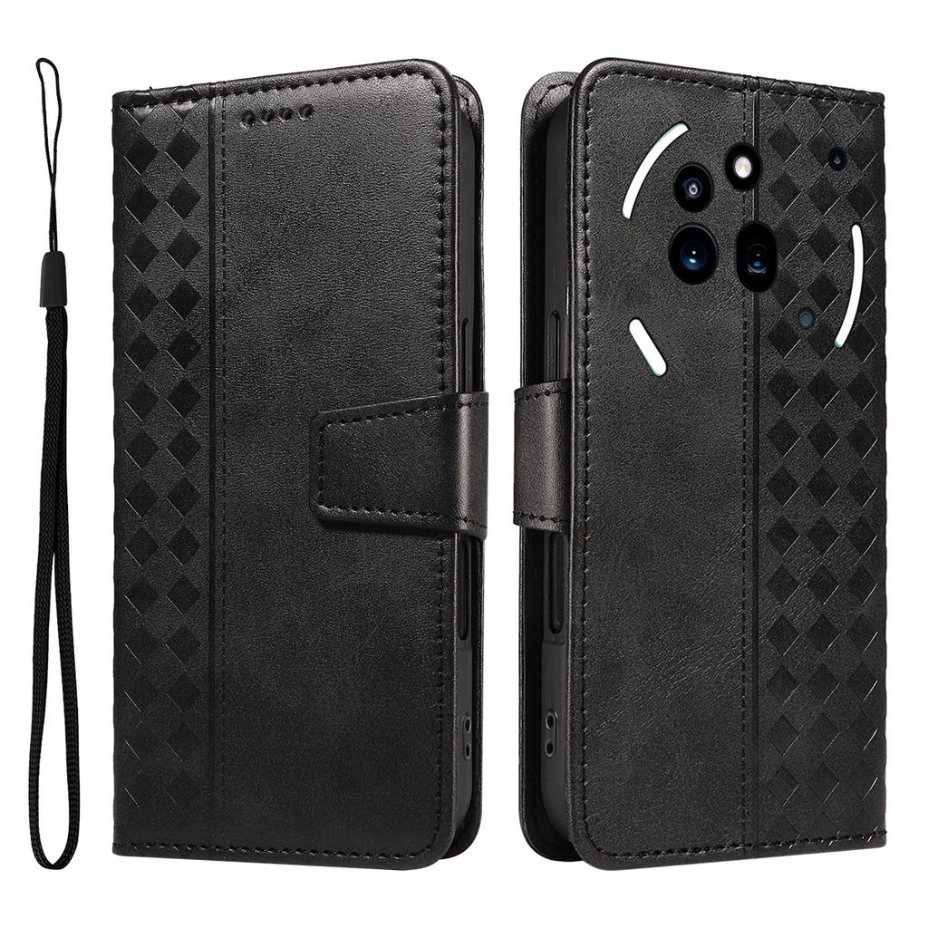 For Nothing Phone (3a) Pro Leather Case Wallet Stand Grids Imprint Phone Cover with Strap