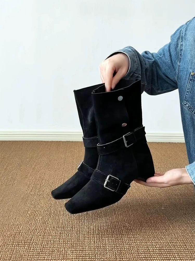 Версия из коровьей кожи~ ретро нишевый темперамент квадратный носок внутренняя высота увеличение ремень с пряжкой ковбойские сапоги вестерн женские складки два способа носки короткие сапоги