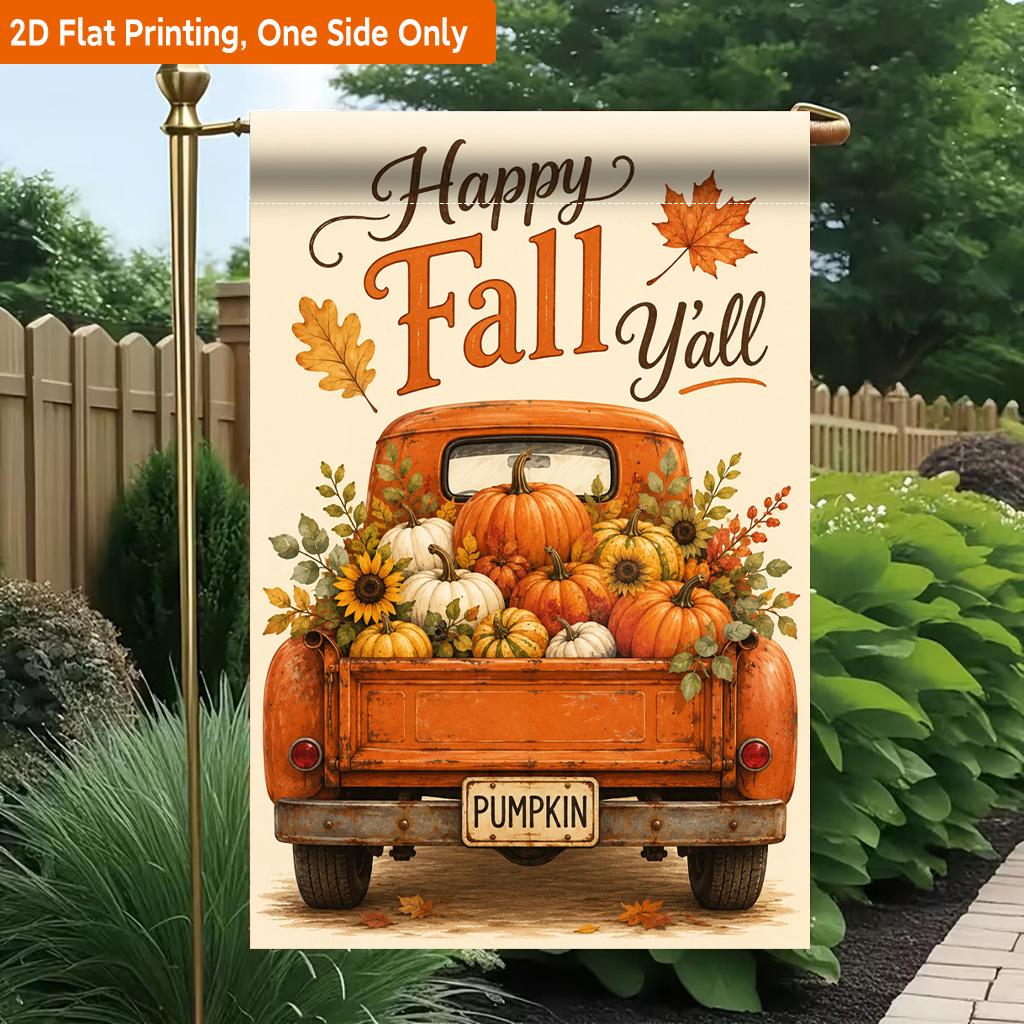 2D Flat, 2D Flat Printing Garden Flag 1pc, Pumpkin Truck Filled Harvest Durable Single-Sided Print Yard Flag, Garden & Home Holiday Decoration, 29.97x