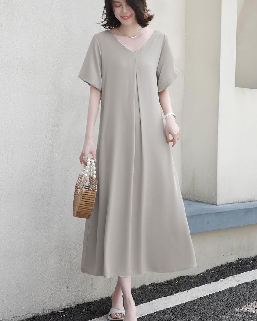 Yino Длинное платье с и короткими свободными рукавами-буфами плюс Летнее женское V-образный вырез Защип, Рукава, Милое, Посадка, Рукава, Карманы, Размеры, Стройнящее, Стильное, Элегантное,