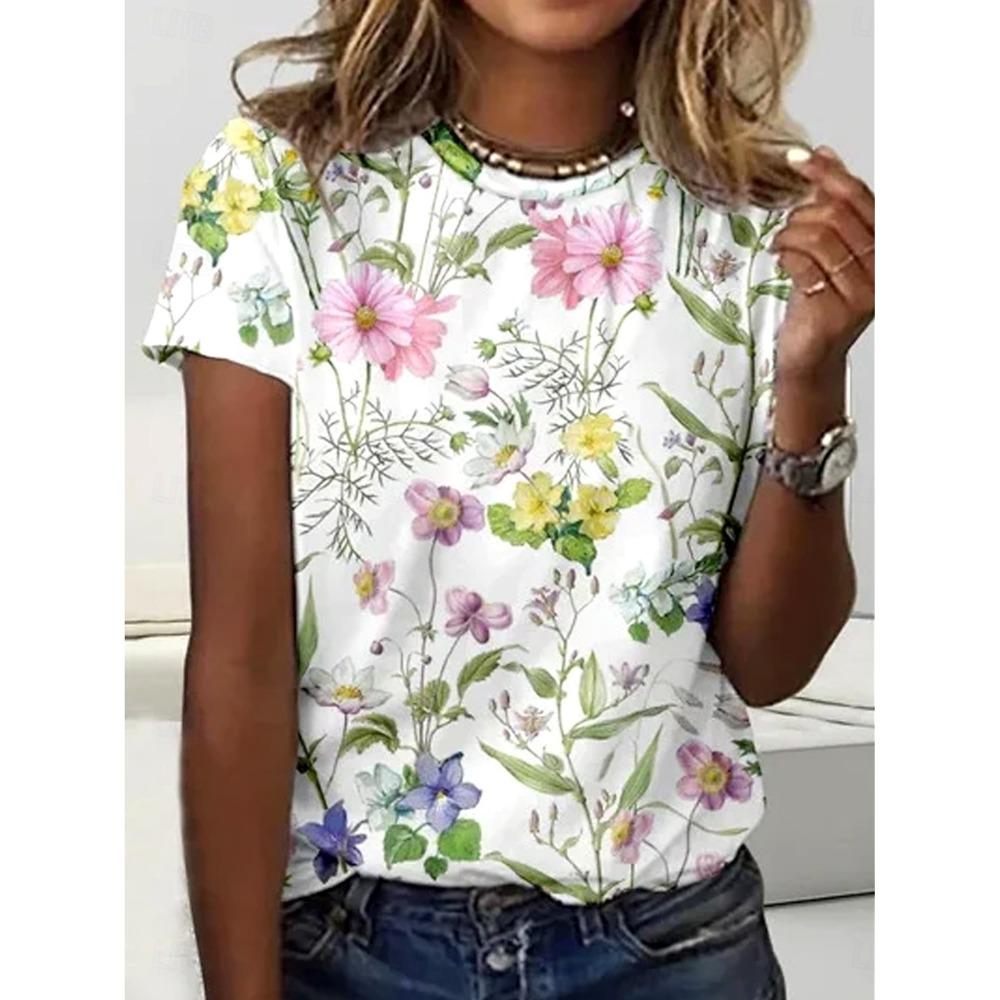 Женские футболки с красивыми цветами, футболки с короткими рукавами, топы с 3D-принтом, рубашки с круглым вырезом, женская повседневная летняя одежда