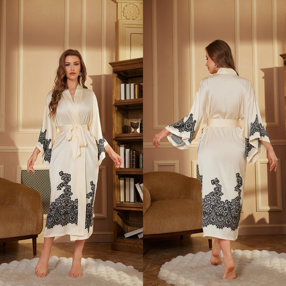 Принт Сатин Женский Длинный Халат Ретро Ночная Сорочка Рукав Три Четверти Кимоно Банный Халат Свободная Домашняя Одежда