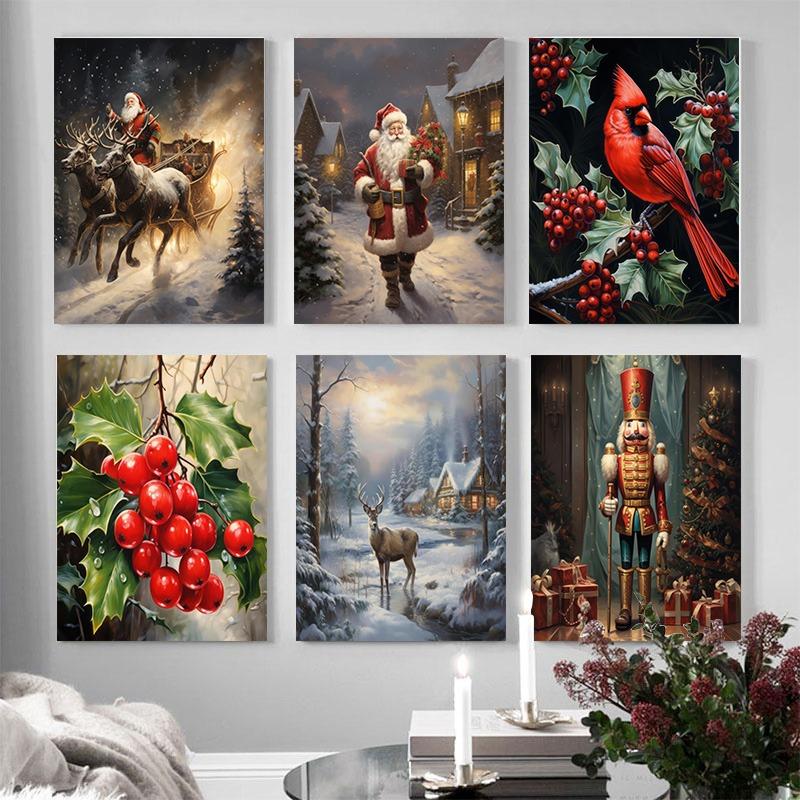 Merry Christmas Holiday Decorative Canvas Painting Nordic Santa Claus City Snow Scene Posters Living Room Wall Art Home Decor