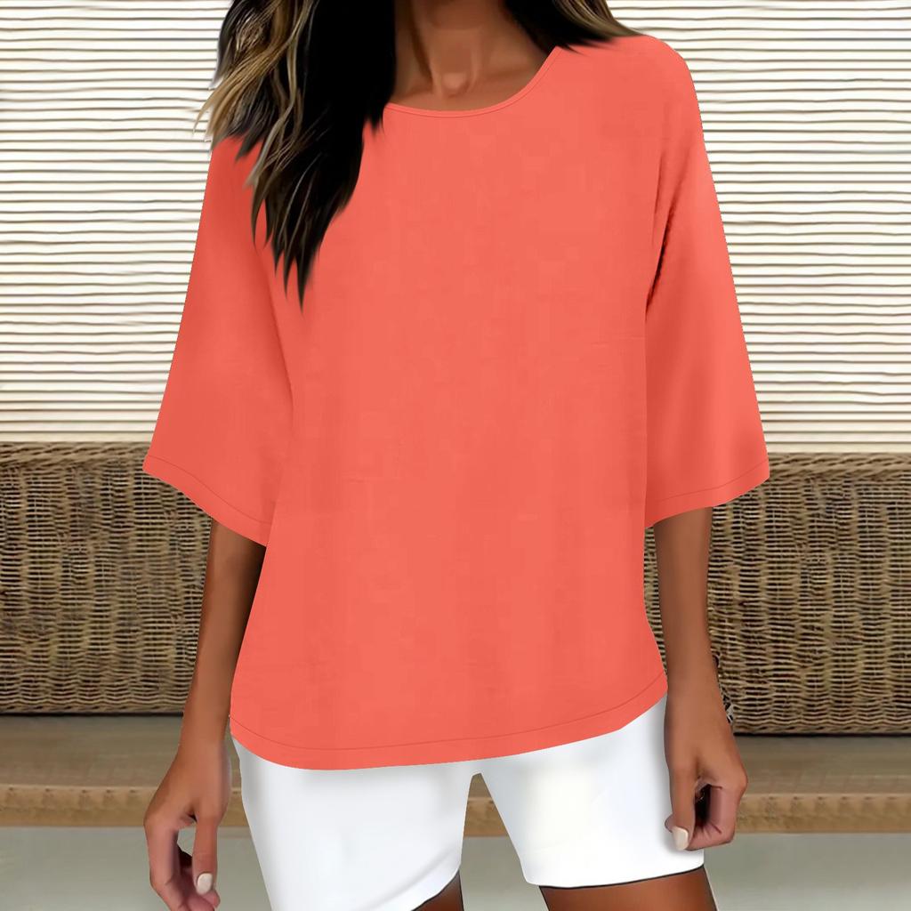 Женская модная однотонная повседневная футболка с рукавом семь восьмых и круглым вырезом, хлопковый топ