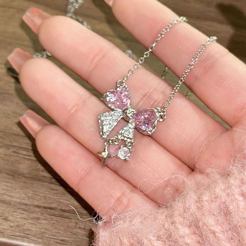 Star Shape Rhinestone Pendant Sweet Clavicle Chain Elegant Pink Bow Necklace Jewelry