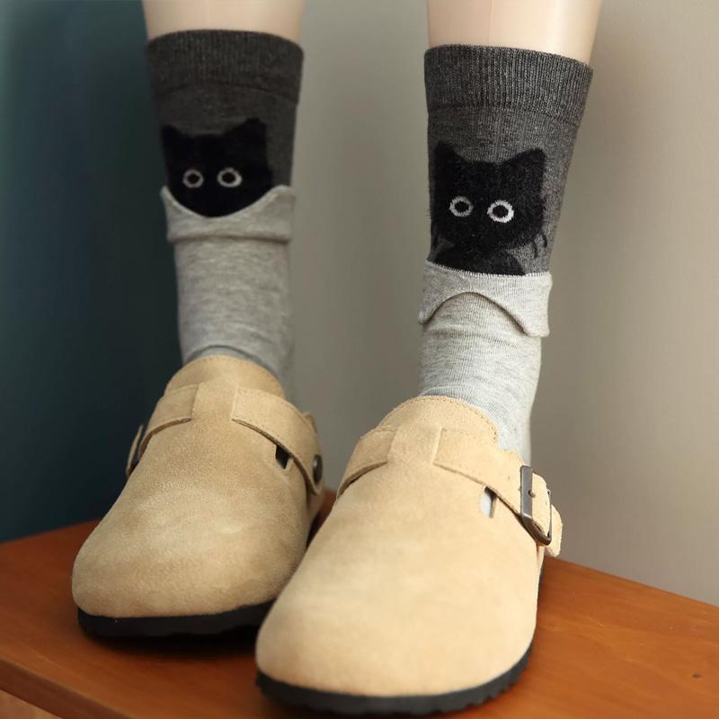 1 пара мультяшных милых носков до середины икры с котятами для женщин и девушек, хлопковые носки на осень-зиму