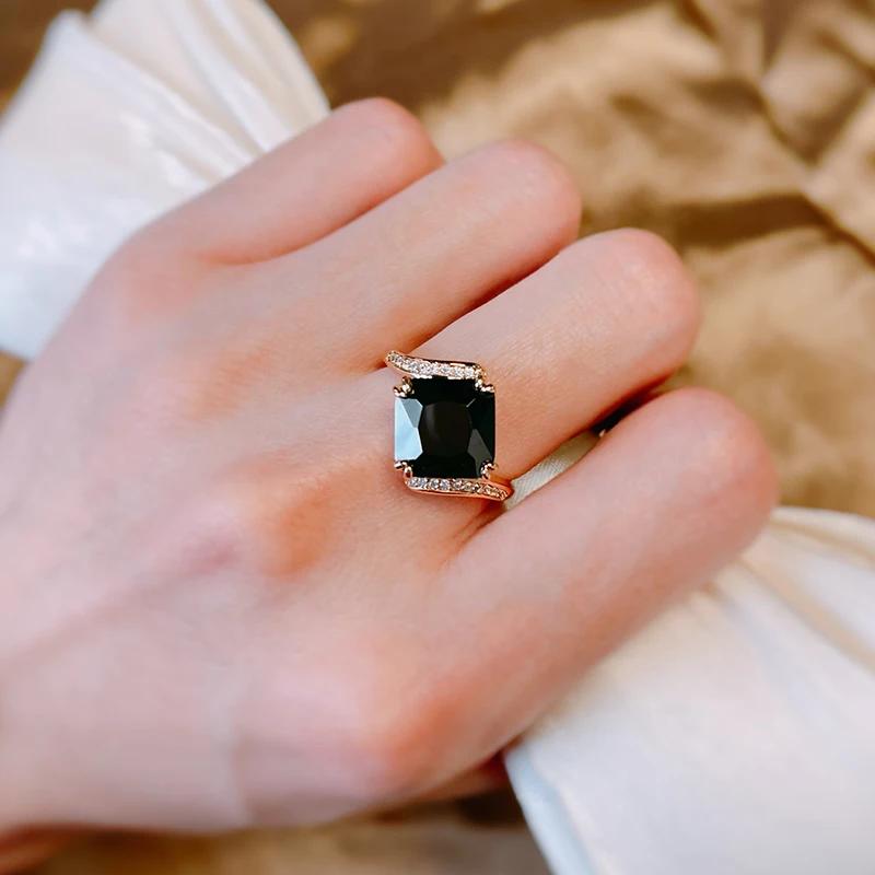 Luxury Black Square Zircon Rings for Women Vintage Gold Color Wedding Jewelry Exquisite Daily Gift