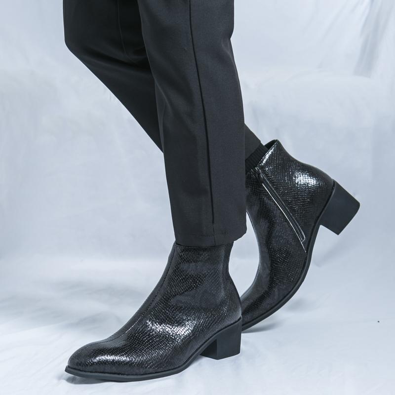 Весенние ботинки-казаки до щиколотки из змеиной кожи с принтом для мужчин, для шоу, вечеринок, мотоциклетные, короткие, увеличивающие рост, платья, социальные сапатос