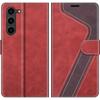 Coque pour Samsung Galaxy A15 5G-4G, Rouge, Protection Bicolore Cuir PU à Motif avec Poche à Cartes et Béquille + 2 Verres Trempés