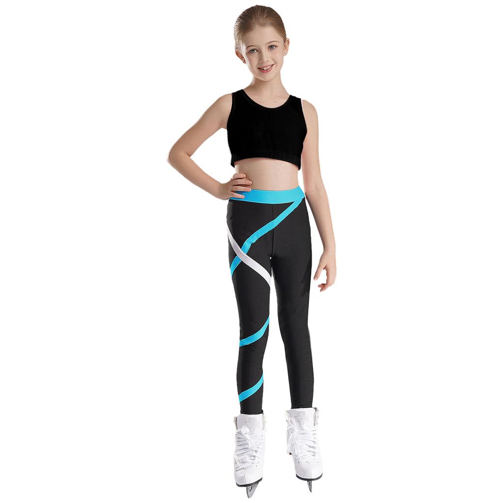 Girls Crop Top U Neck Cross Straps Keyhole Back Sleeveless Color Block Leggings Yoga Sports Set