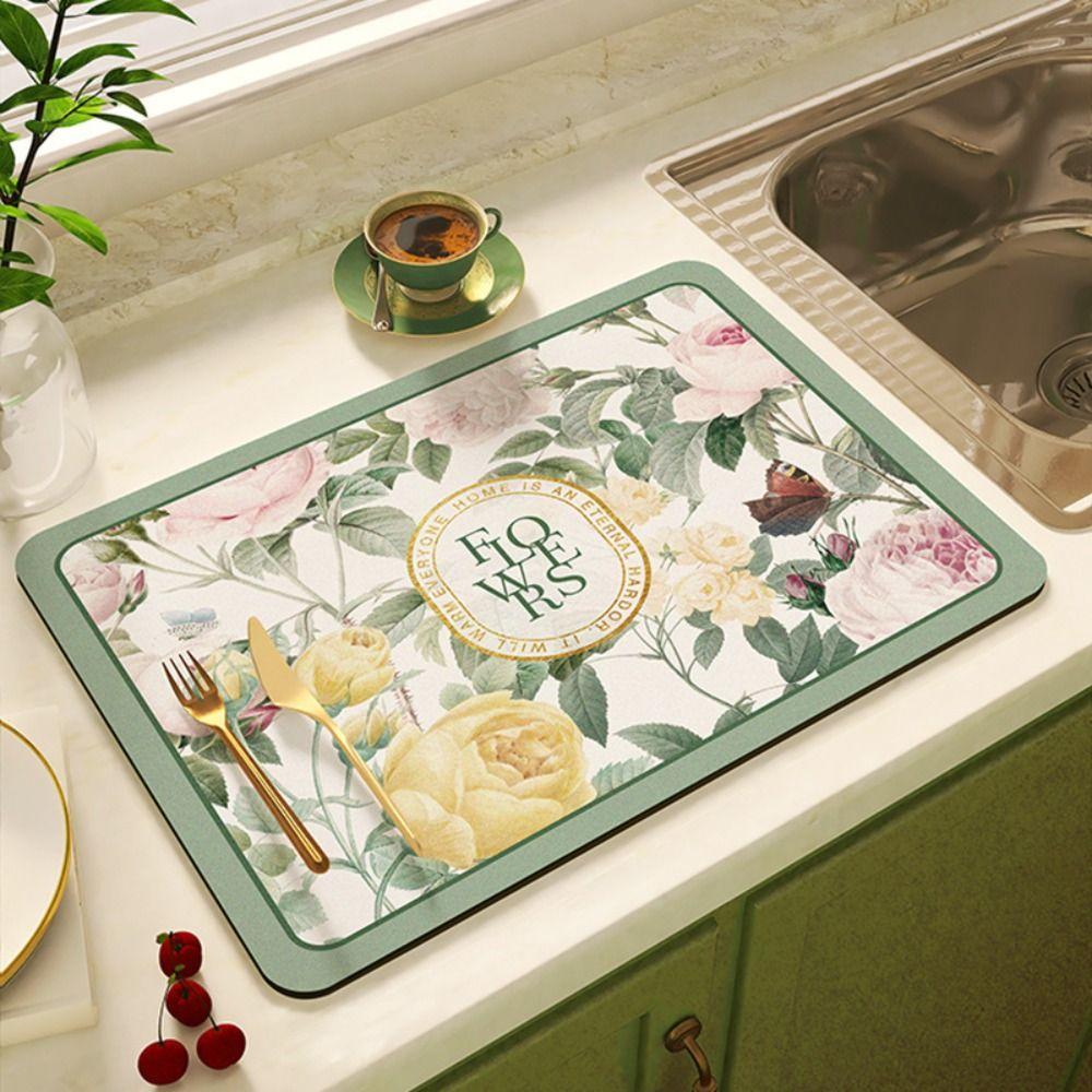 Коврик для сушки с цветочным принтом, нескользящий коврик для сушки посуды, коврик для сушки посуды, кухонный