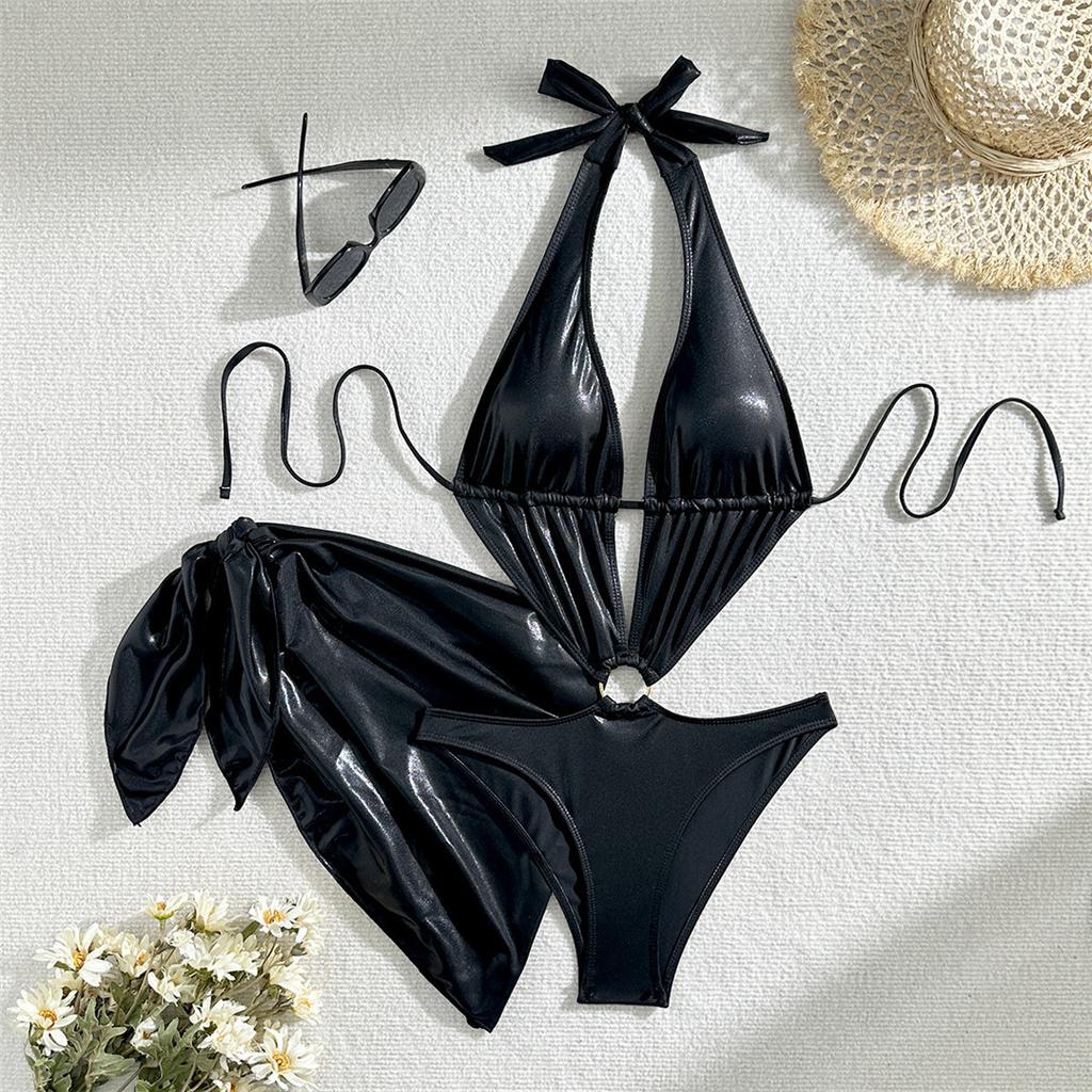 With Sarong Glitter Sparkling Depp V Neck One Piece Swimsuit Women Swimwear Female Cut Out Halter Bather Bathing Suit Swim V5754