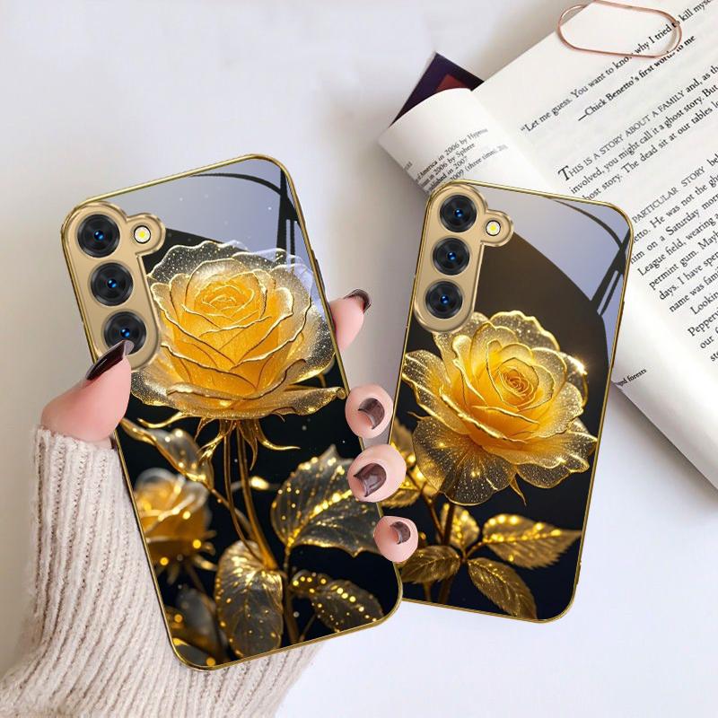 Элегантная золотая роза Для Samsung Galaxy S26 S20 FE S21 S22 S23 Plus S24 Ultra S25Ultra S21+ S22Plus Золотой стеклянный чехол для телефона