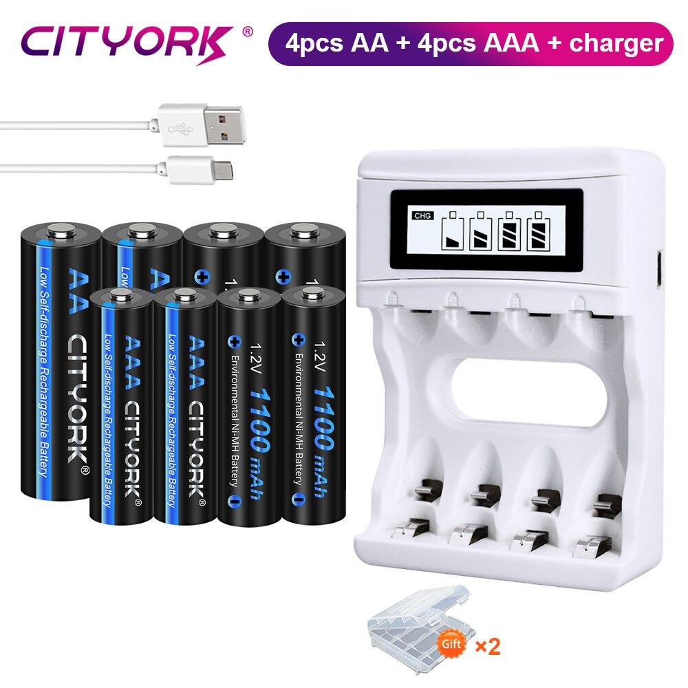 Cityork Перезаряжаемая батарея AA 1,2 В + аккумуляторная батарея AAA 1,2 В + USB-зарядное устройство с ЖК-дисплеем для 1,2 В AA AAA nimh NI-MH батареи