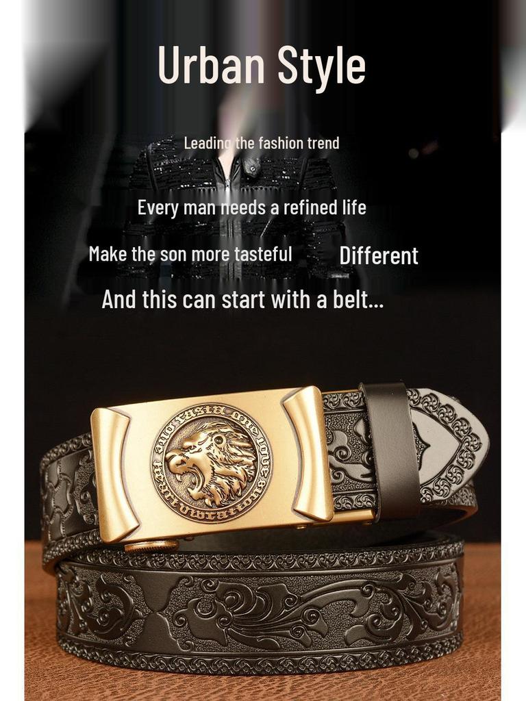 Мужской кожаный ремень с головой льва и узором арабески - Автоматическая пряжка, Коровья кожа, Повседневный для джинсов
