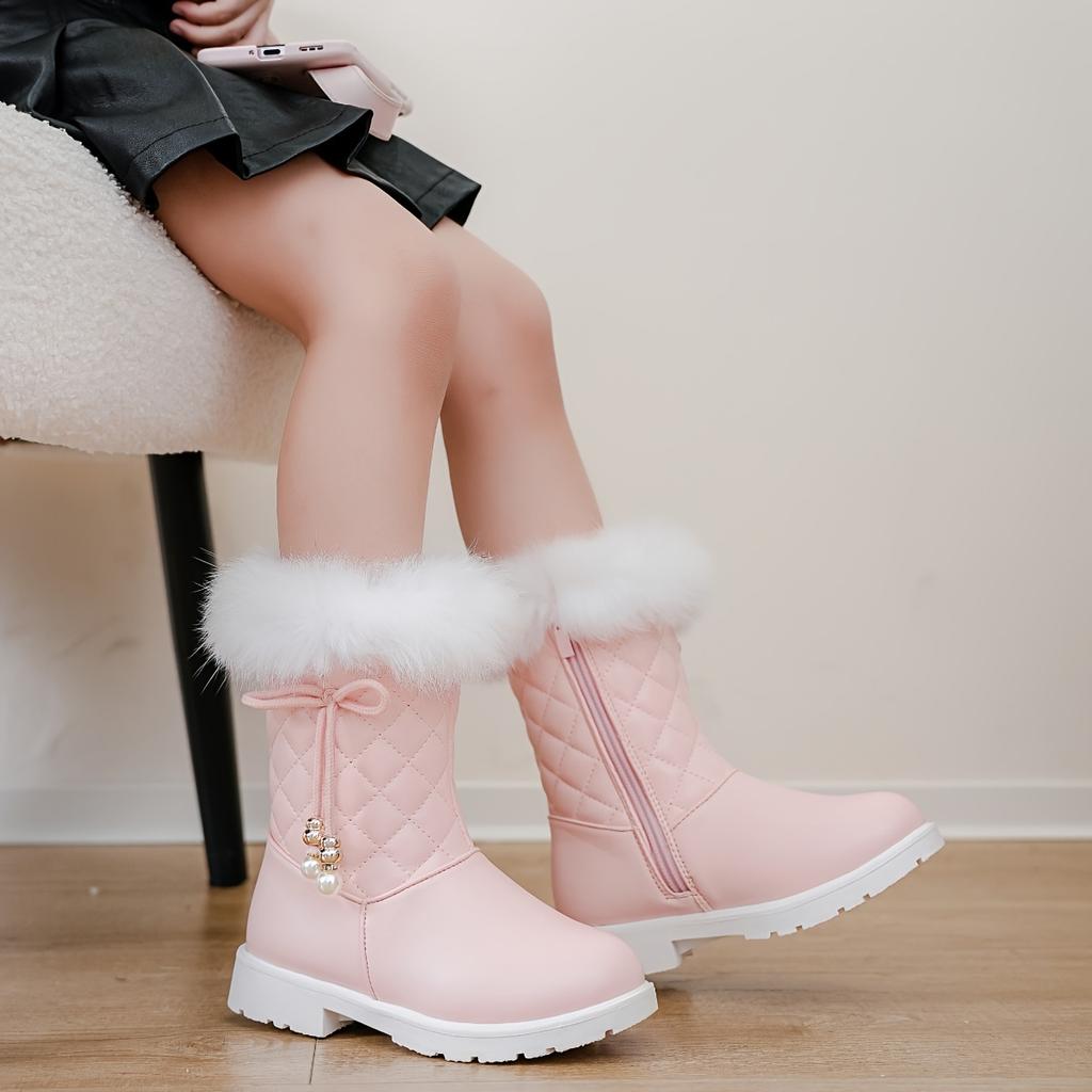 Girls' Winter Boots 2024, Warm Cute Pearl Bowknot, Quilted Pattern, Cartoon Solid Color