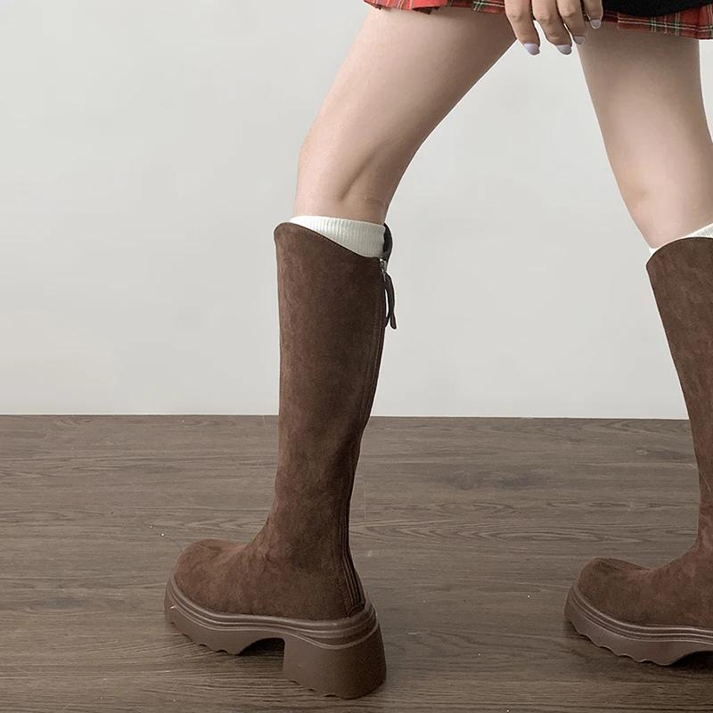 Мода Женские Эластичные Сапоги до Колена Модные Туфли на Задней Молнии Осень Зима Толстый Каблук Женские Рыцарские Длинные Ботильоны